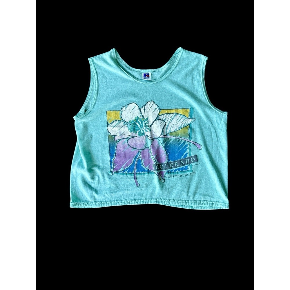 Women's 70's Colorado Crusted Butte Tank Top Vintage Sz Large Teal Flowers